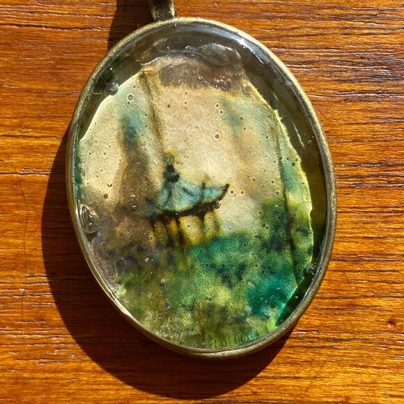 Oval Upcycled Chinese Paper Fan Rainy Pagoda Scene Clear Resin Pendant Necklace - Picture 1 of 5